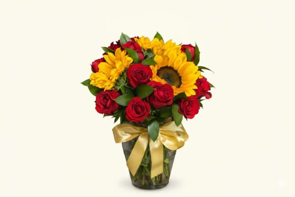 Sol de corazón (12 rosas y 3 girasoles )