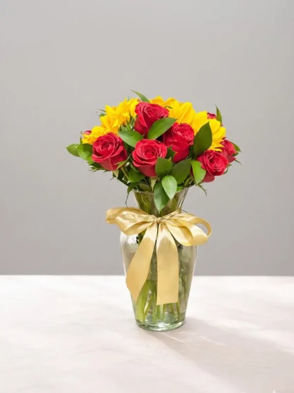 Sol de corazón (12 rosas y 3 girasoles )