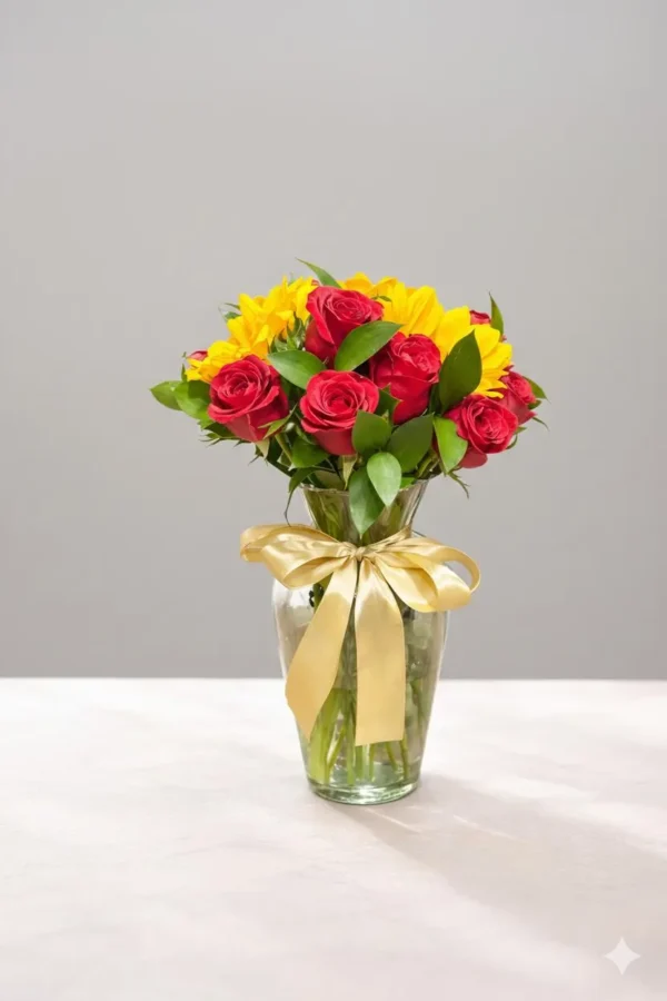 Sol de corazón (12 rosas y 3 girasoles )