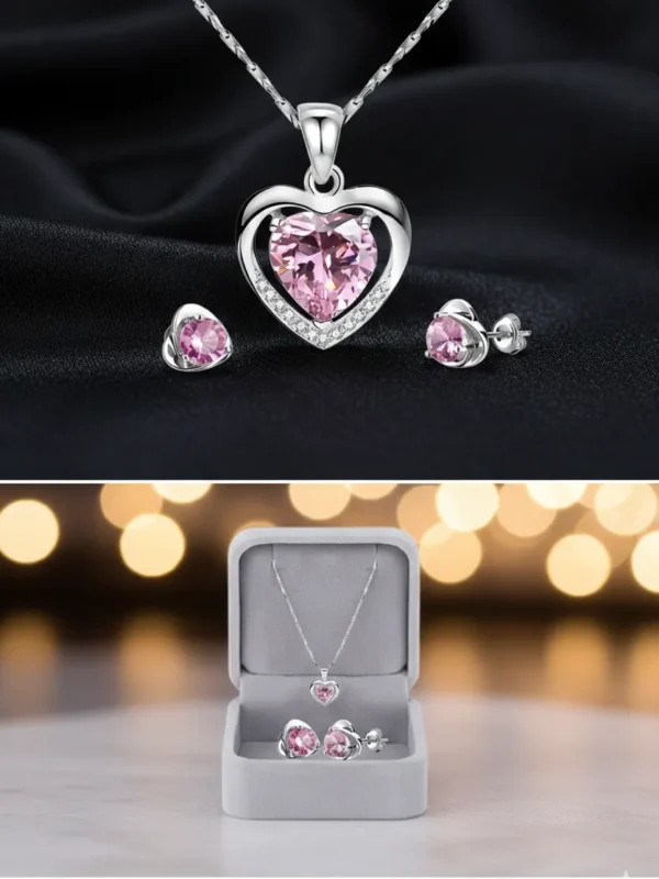 Collar Y Aretes Dije Corazón Cristal Mujer, material Plata.
