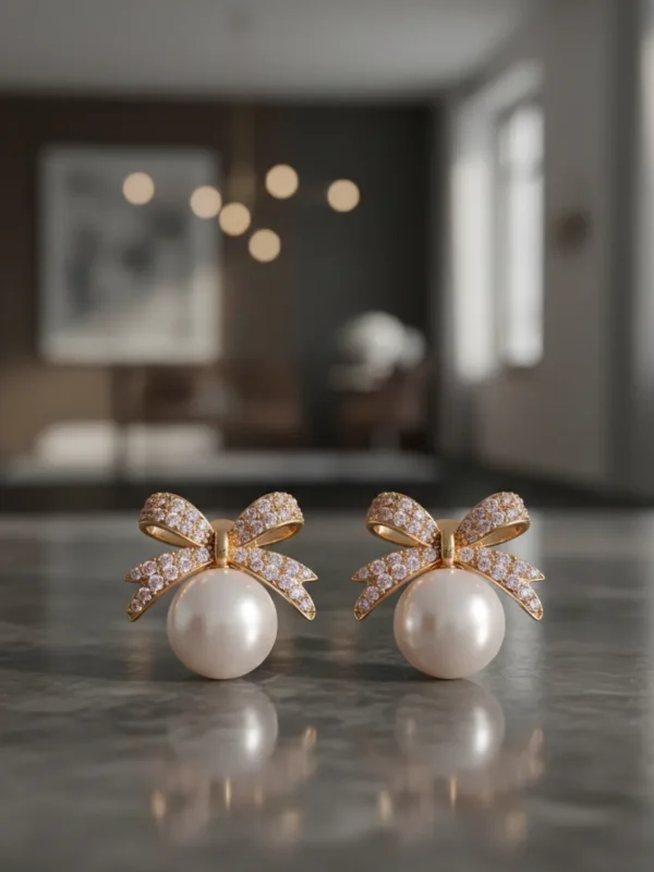Pendientes de perlas Y diamantes con diseño de lazo blanco