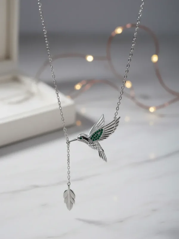 Collar Colibrí Plata 925 Dije Verde Circonita Cadena Ajustable 45cm