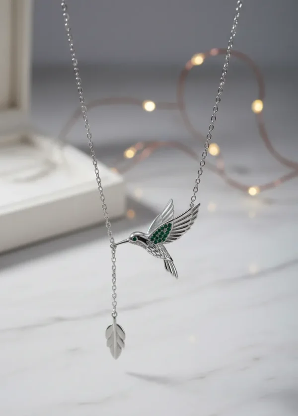 Collar Colibrí Plata 925 Dije Verde Circonita Cadena Ajustable 45cm