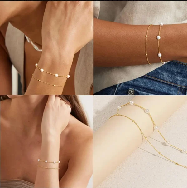 Pulsera de 2 pzs con perlas, mujer ajustable.