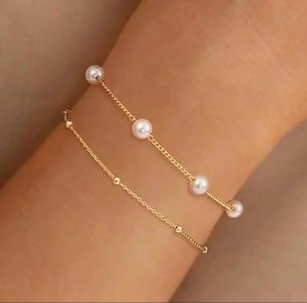 Pulsera de 2 pzs con perlas, mujer ajustable.