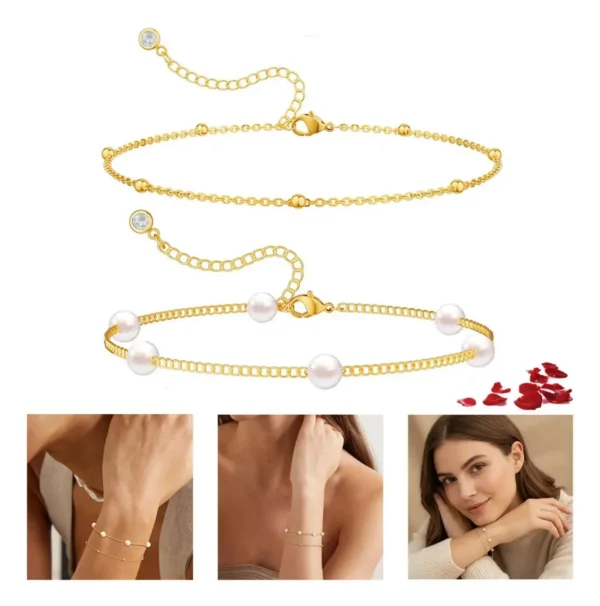 Pulsera de 2 pzs con perlas, mujer ajustable.
