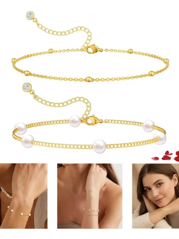 Pulsera de 2 pzs con perlas, mujer ajustable.