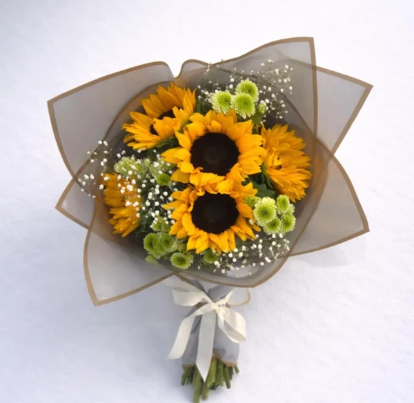 Ramo de 5 girasol y 5 margaritas verdes